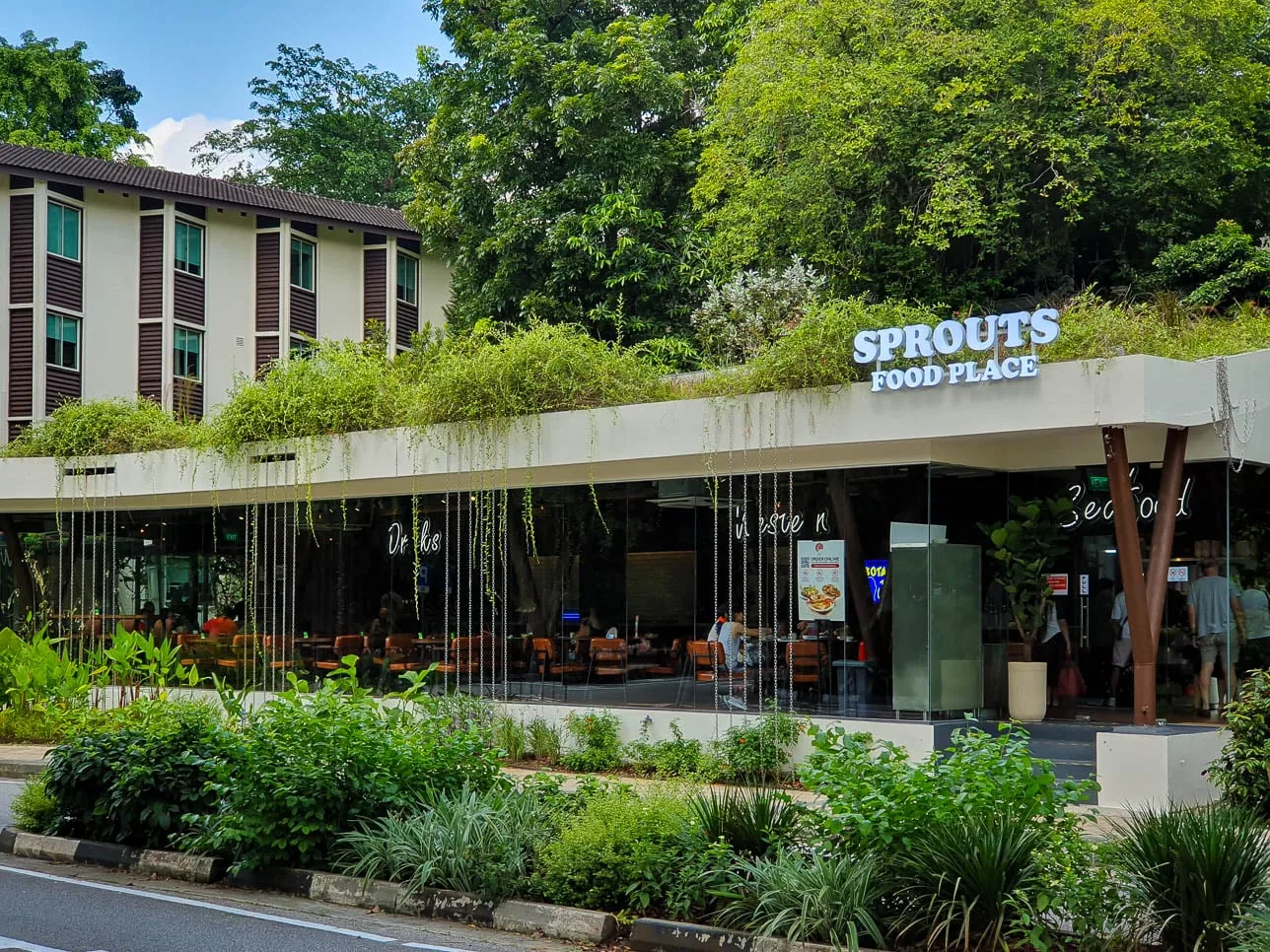 The Sprouts Food Place glasshouse beside the Botanic Gardens, greenery spilling over the roof